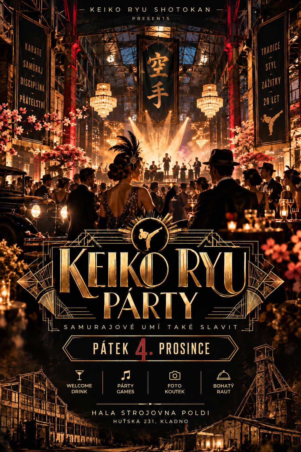 Plakát KEIKO RYU PÁRTY se slavnostní atmosférou ve Strojovně POLDI
